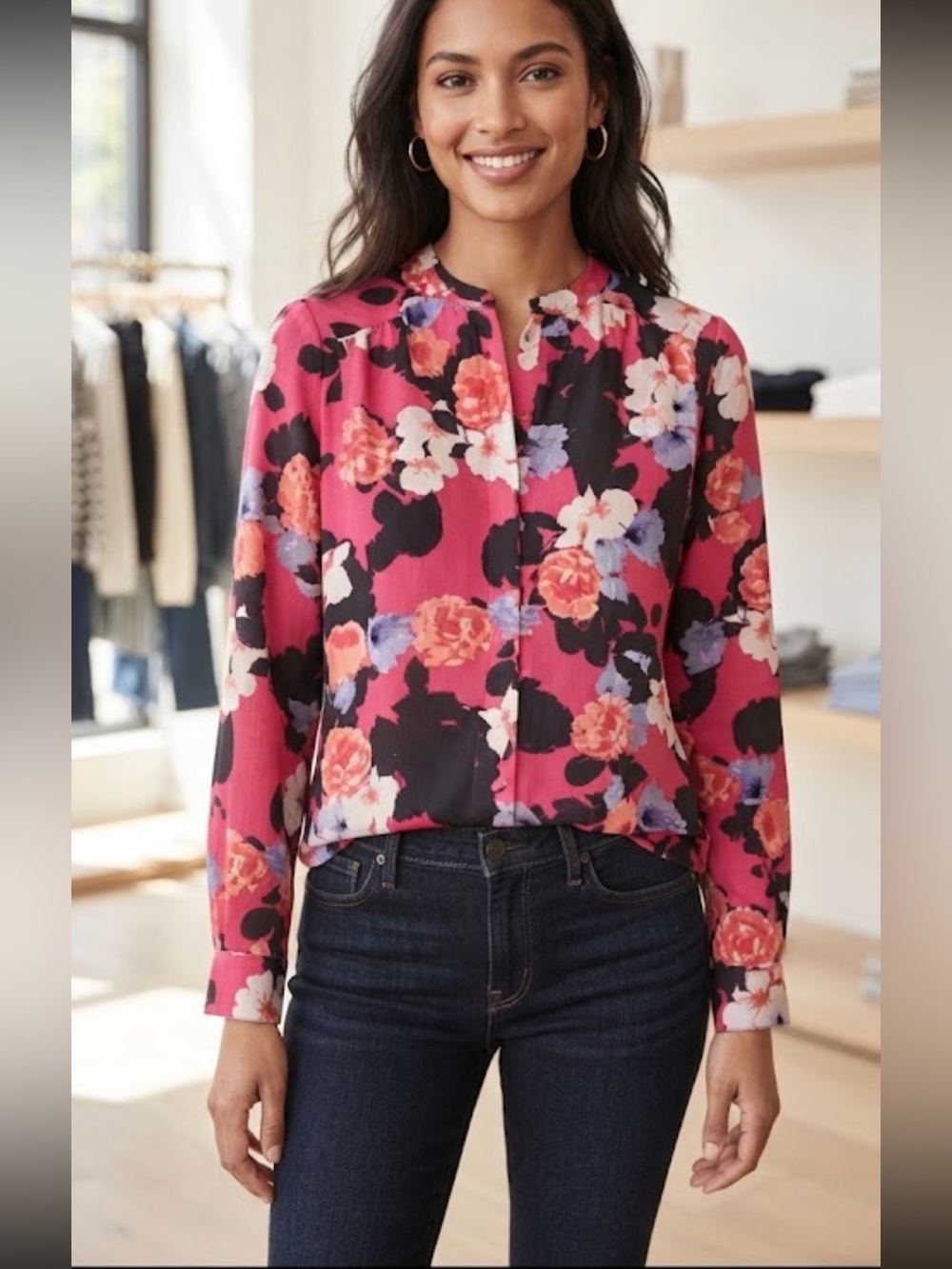 J.CREW Pink Floral Print All Day Wear blouse size M In excellent condition